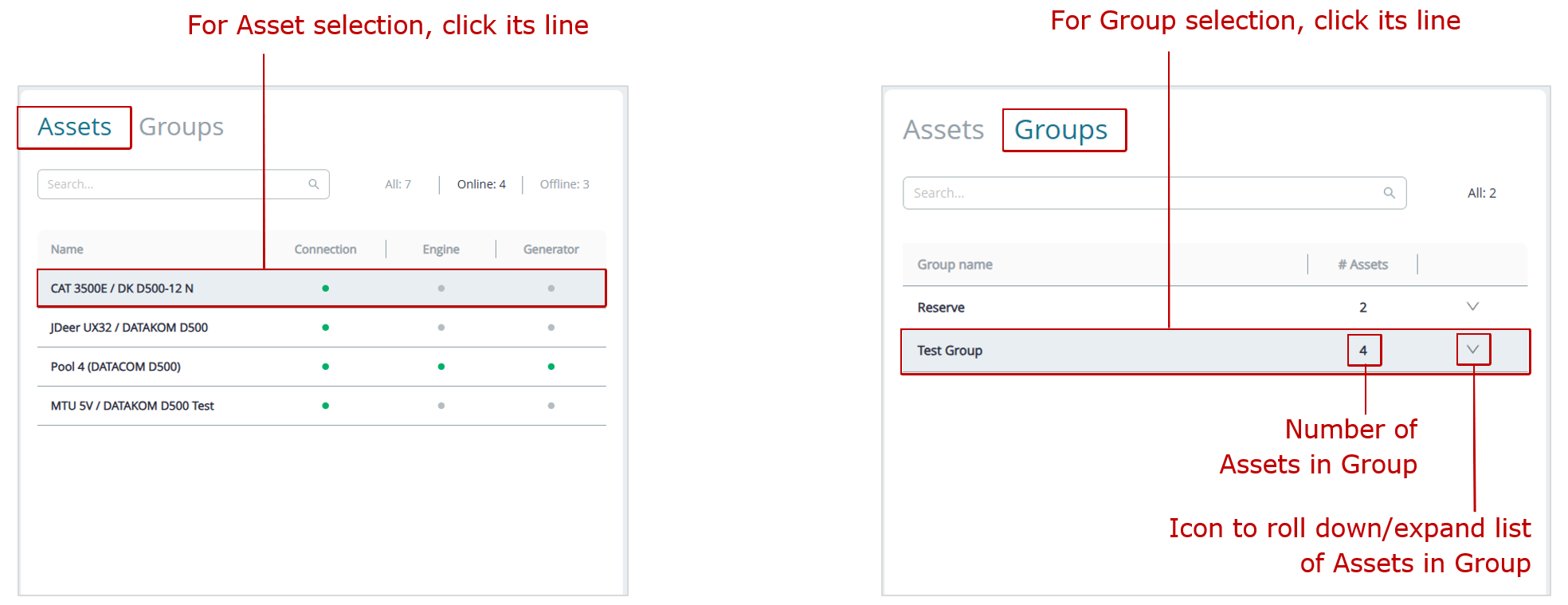 Examples of displaying the Fleet resources_Assets list and Groups list (rolled down) Examples of displaying the Fleet resources_Assets list and Groups list (rolled down)