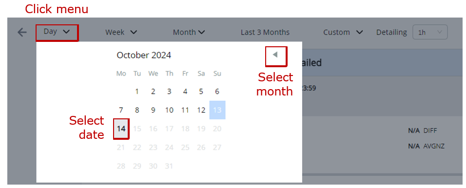 Example of the Reports tab_options for setting the time periodselection of “one day” period Example of the Reports tab_options for setting the time periodselection of “one day” period