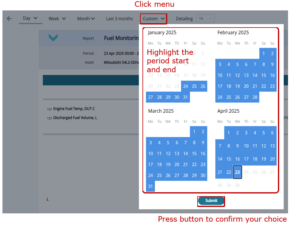 Example of the Reports tab_selection of a custom period from the last three months Example of the Reports tab_selection of a custom period from the last three months