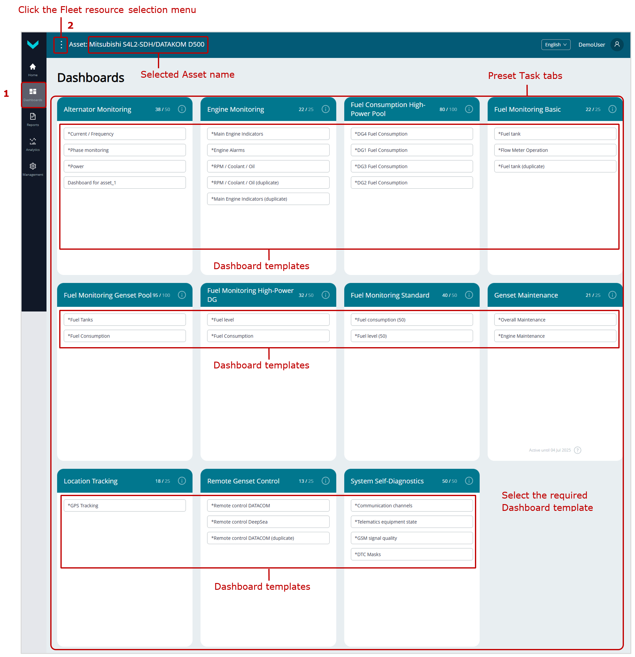 Examples of selecting an Asset for real-time performance monitoring using Dashboards_selection in Dashboards tab Examples of selecting an Asset for real-time performance monitoring using Dashboards_selection in Dashboards tab