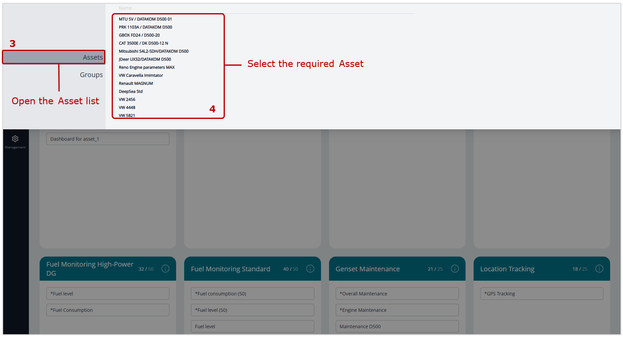 Examples of selecting an Asset for real-time performance monitoring using Dashboards_selection in Dashboards tab Examples of selecting an Asset for real-time performance monitoring using Dashboards_selection in Dashboards tab