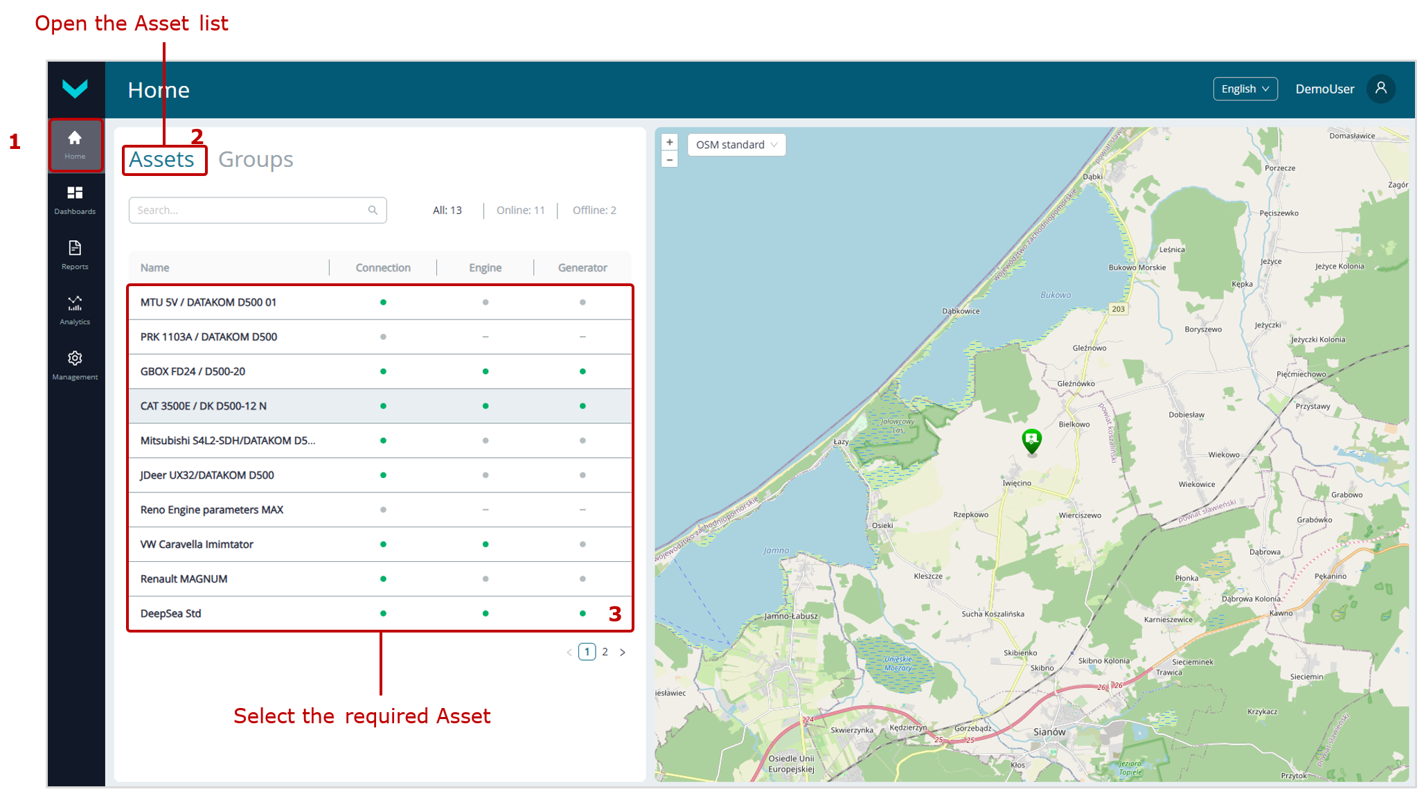 Examples of selecting an Asset for performance analysis using Analytical Reports_selection in Home tab Examples of selecting an Asset for performance analysis using Analytical Reports_selection in Home tab
