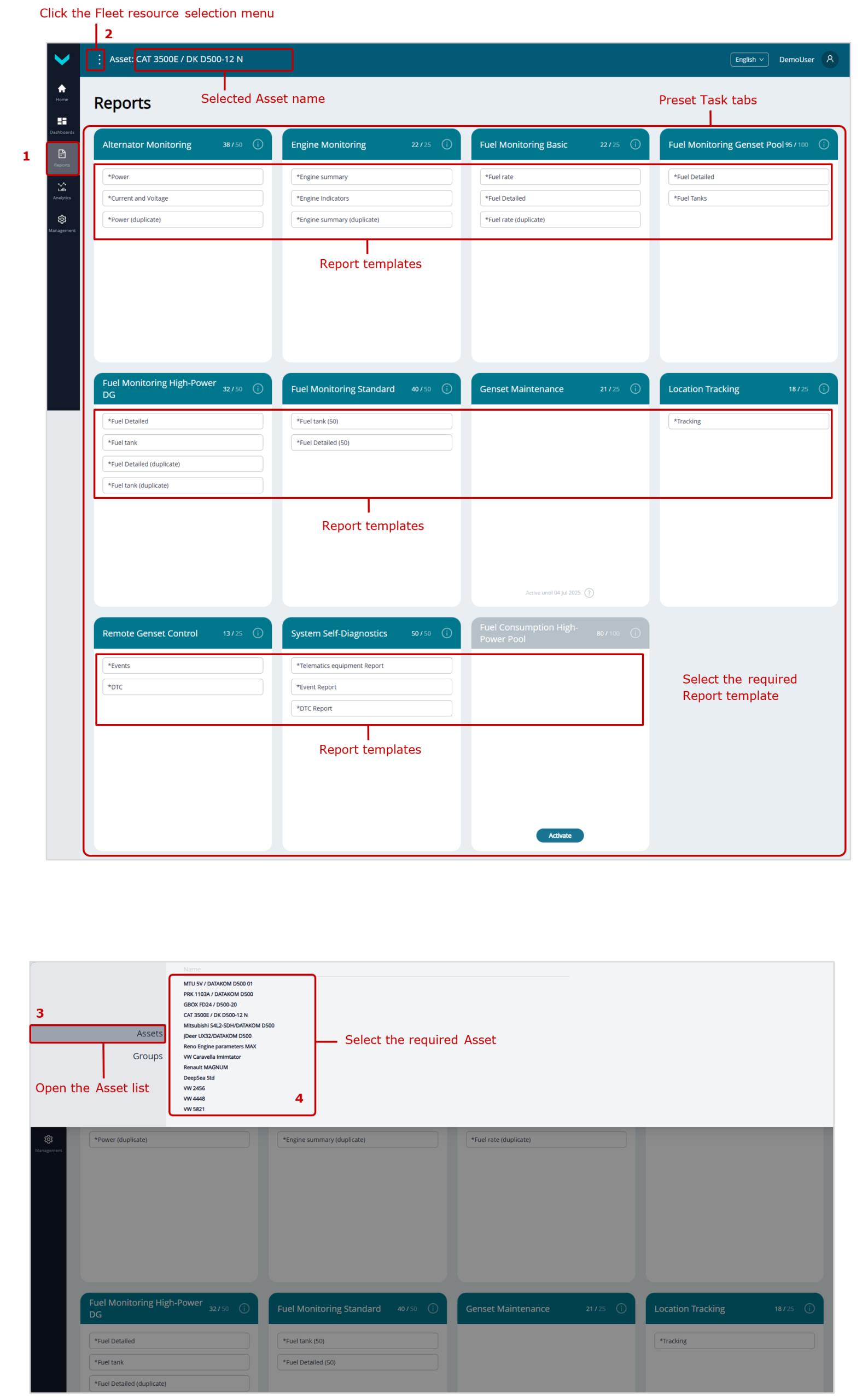 Examples of selecting an Asset for performance analysis using Analytical Reports_selection in Reports tab Examples of selecting an Asset for performance analysis using Analytical Reports_selection in Reports tab